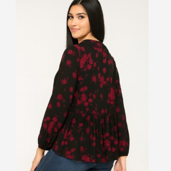 Michael Kors Top Blouse Women’s Size XXS Black Red Floral Tie-Up Gold Chain Boho - Picture 2 of 4